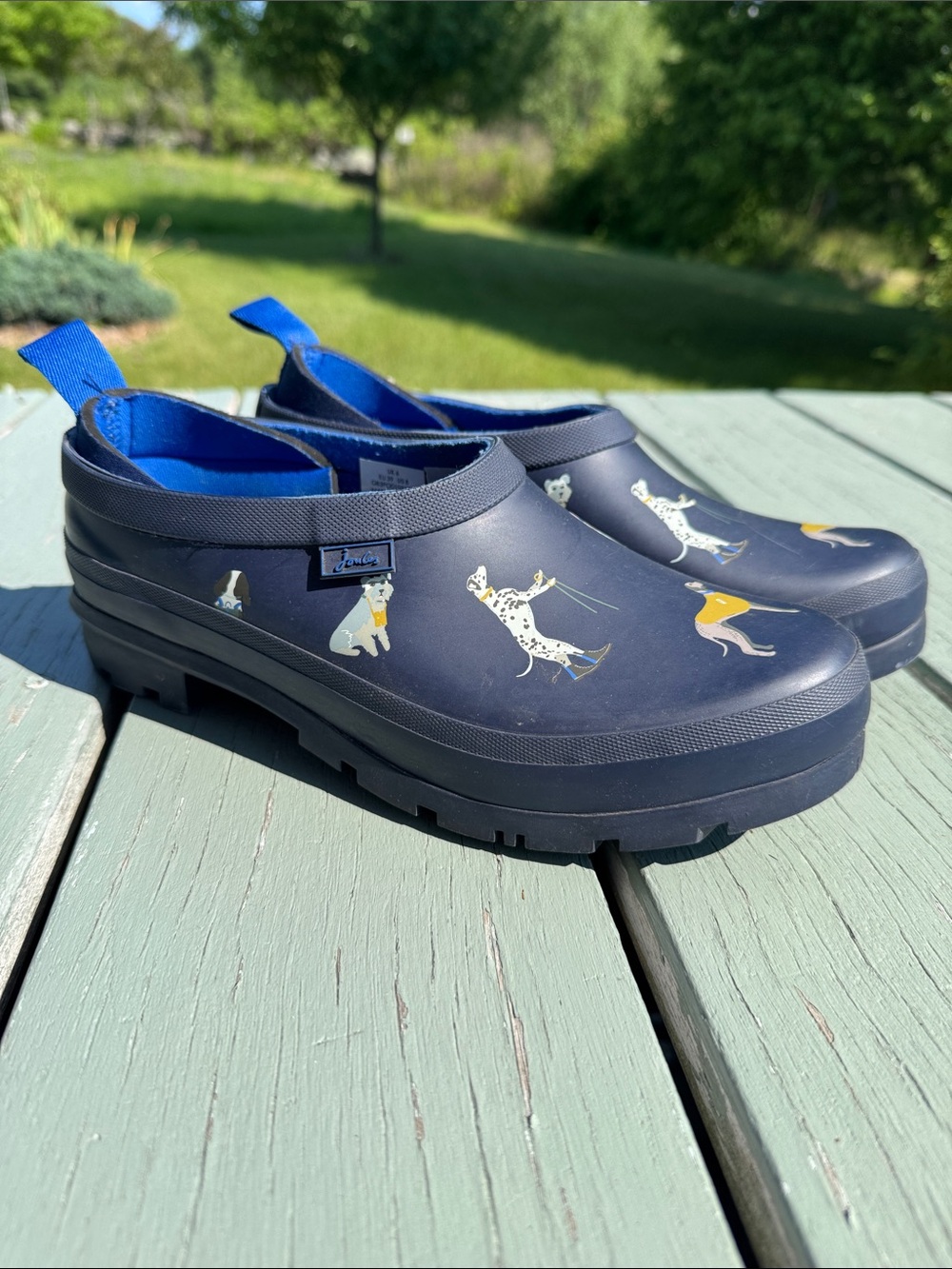 Joules Navy Dog-Print Pop-On Rain Clogs with Blue Pull Tabs